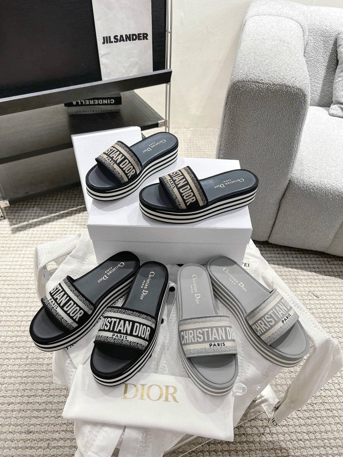 Dior Dway striped platform embroidered slide sandals